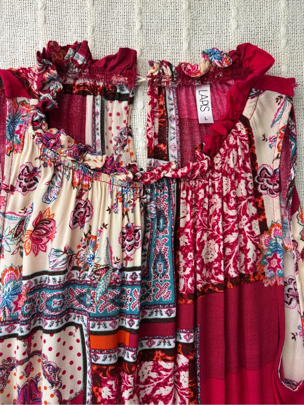 Lapis Patchwork Boho Tiered Ruffle Midi Dress Pink Floral Size Large - Picture 11 of 16